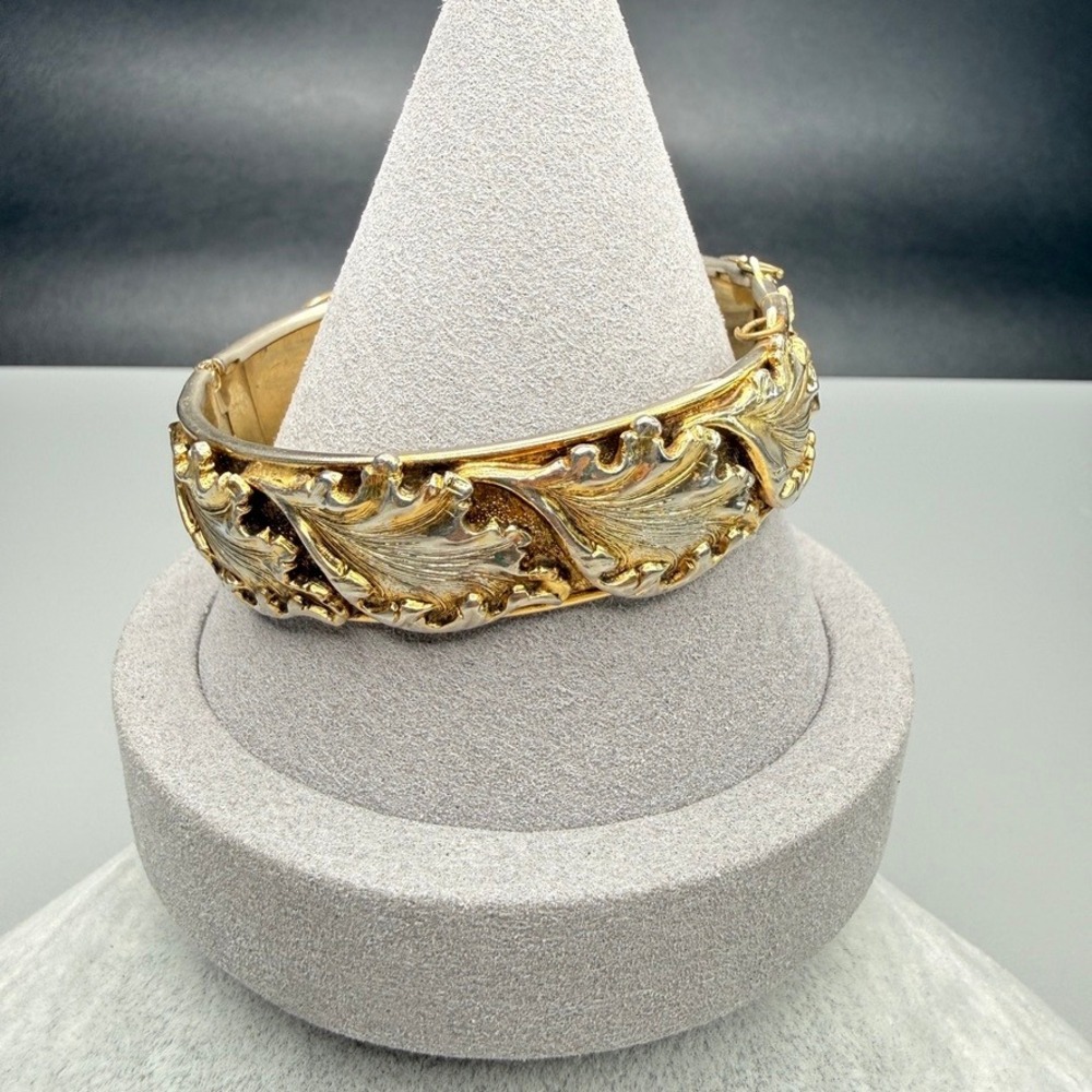 Vintage Hinged Bangle Bracelet Gold Tone Leaf Applique Victorian Revival READ